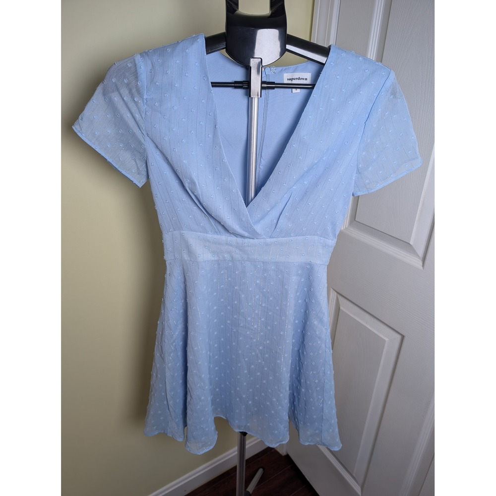 Superdown Bree Mini Dress Womens S Blue Swiss Dot Metallic V-Neck Fit & Flare
